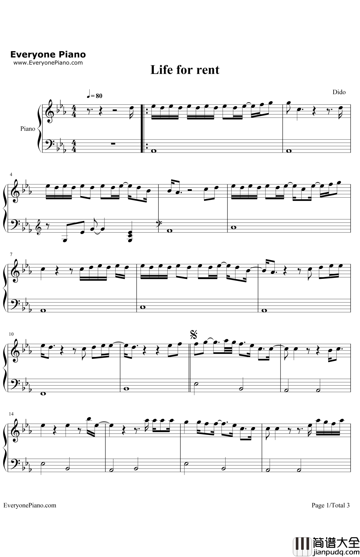 LifeforRent钢琴谱_Dido