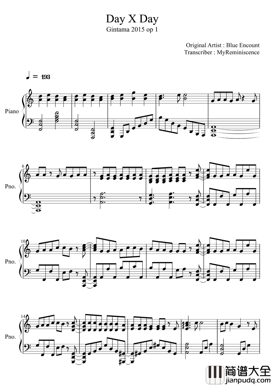 DAYxDAY钢琴谱_BLUEENCOUNT_银魂°OP