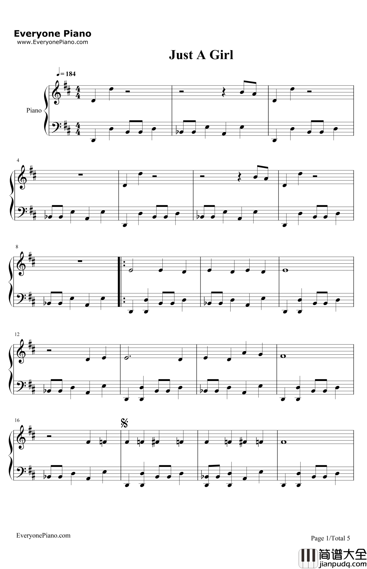 JustaGirl钢琴谱_NoDoubt