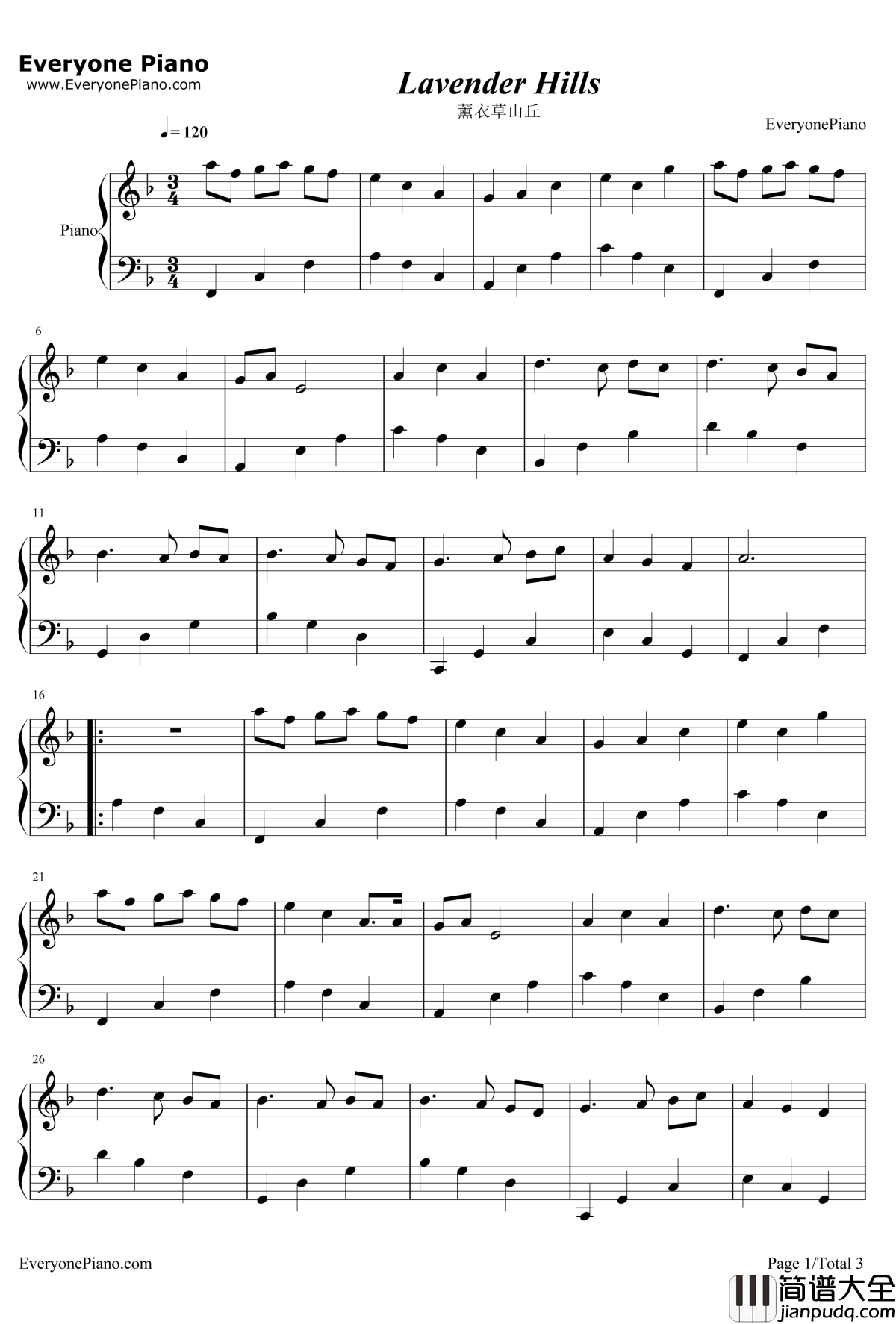 LavenderHills（薰衣草山丘）钢琴谱_BrianCrain_LavenderHills