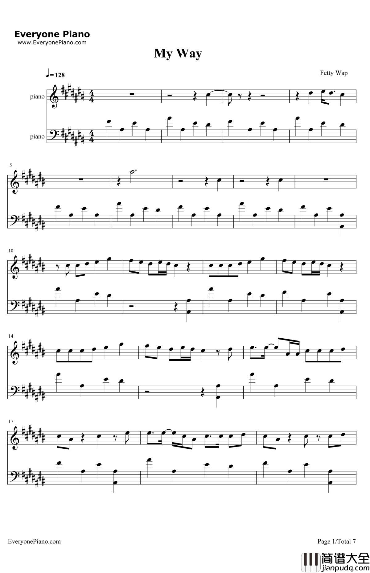 MyWay钢琴谱_FettyWap