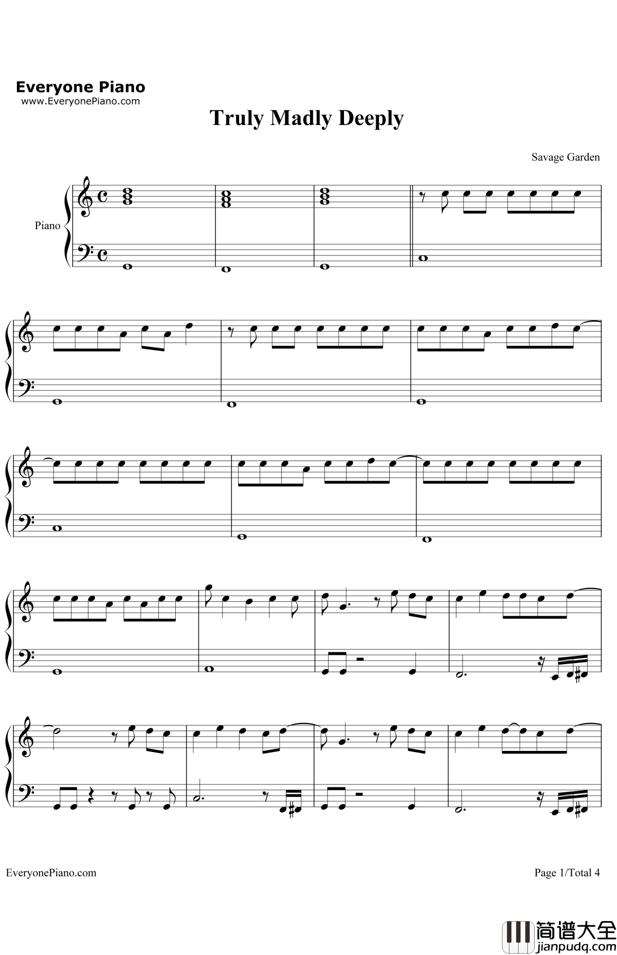 TrulyMadlyDeeply钢琴谱_SavageGarden