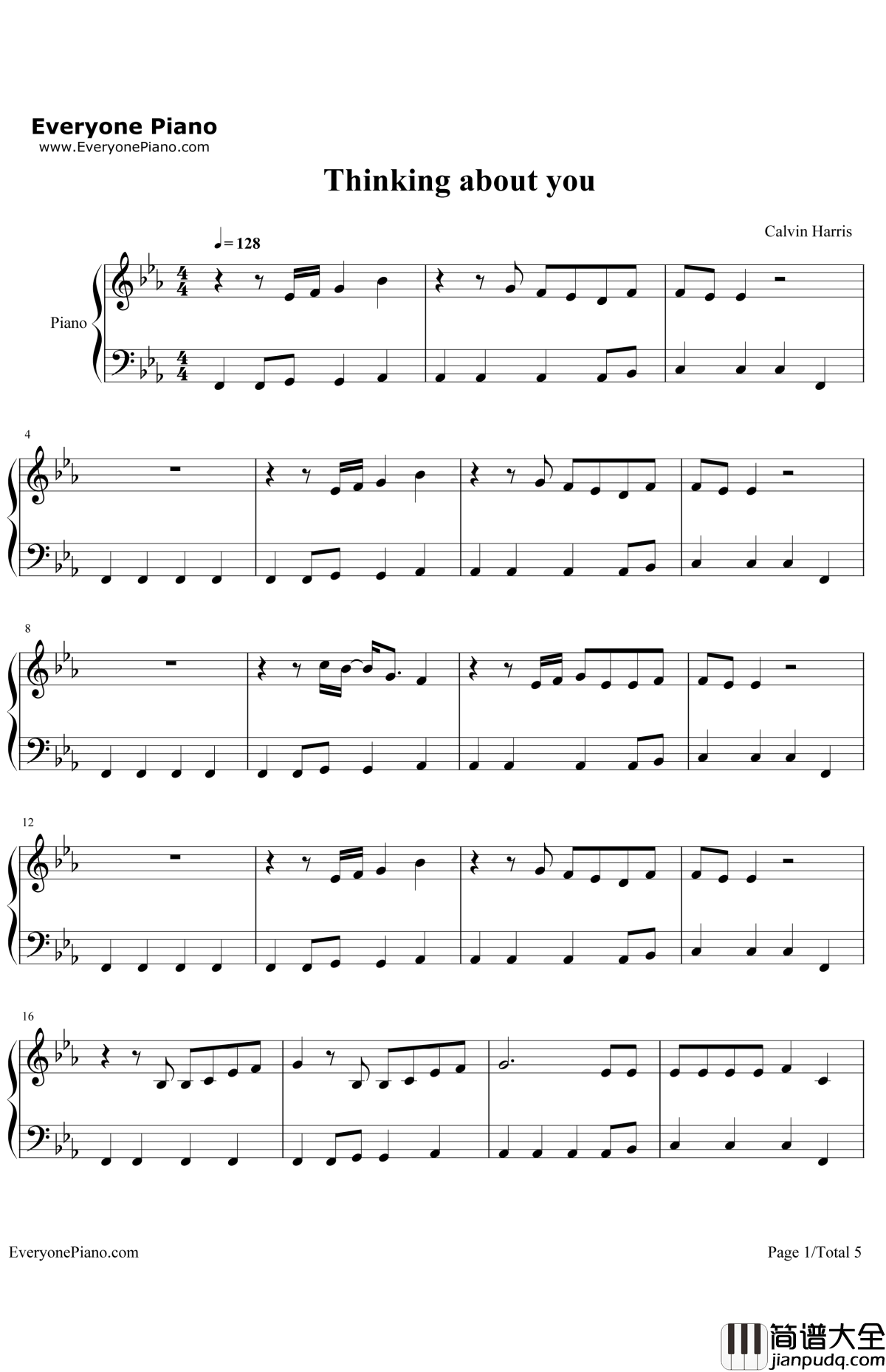 ThinkingAboutYou钢琴谱_CalvinHarris