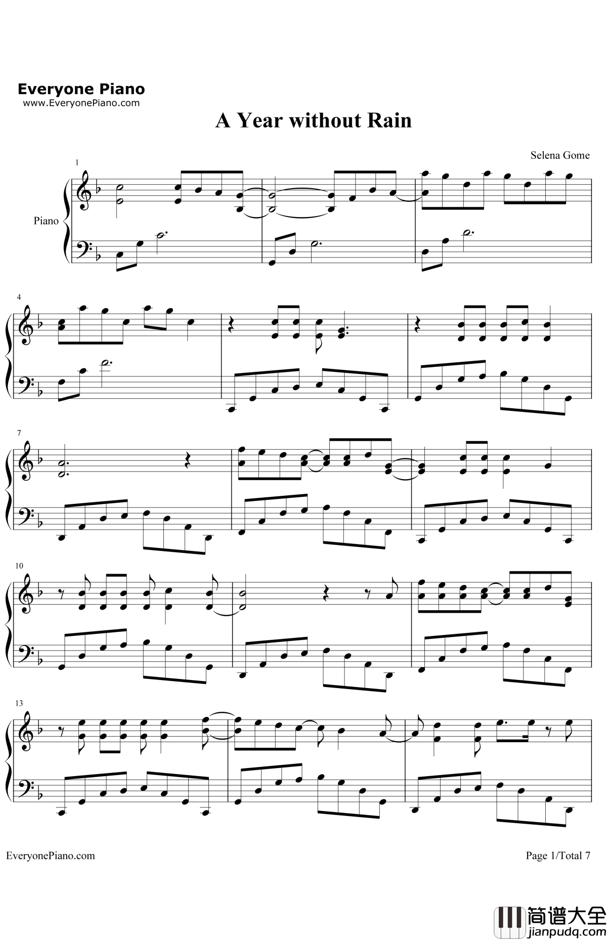 A_Year_Without_Rain钢琴谱_SelenaGomez&theScene