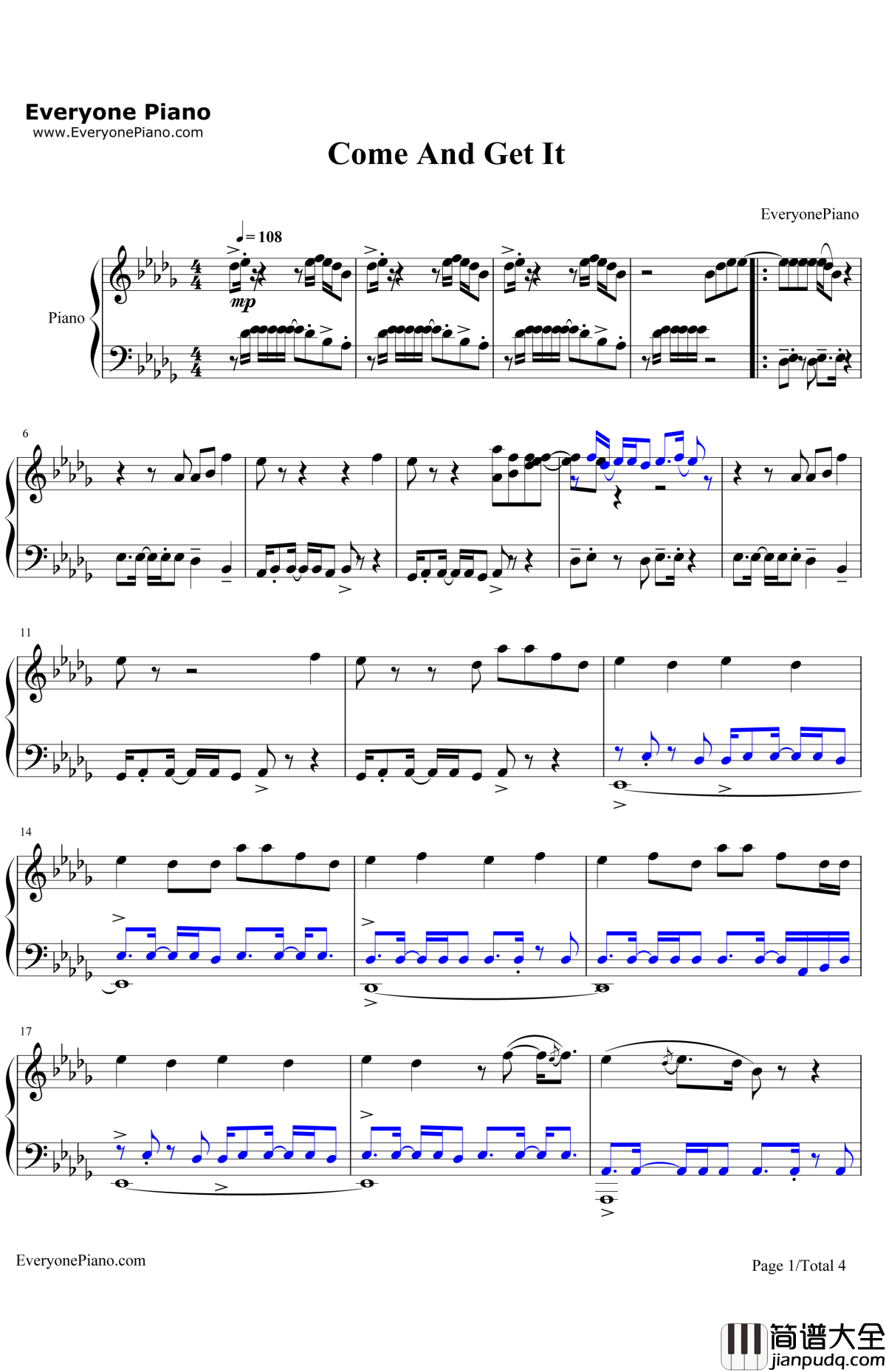 ComeandGetIt钢琴谱_JohnNewman_JohnNewman