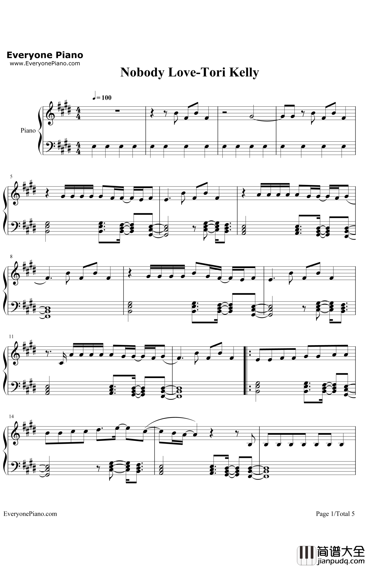 Nobody_Love钢琴谱_Tori_Kelly