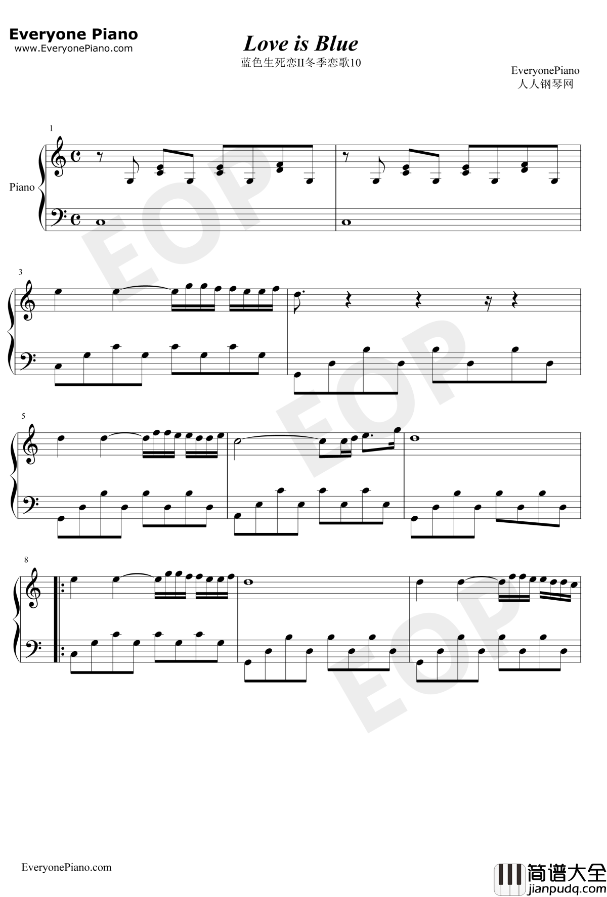 Loveisblue钢琴谱_未知_蓝色生死恋II冬季恋歌插曲