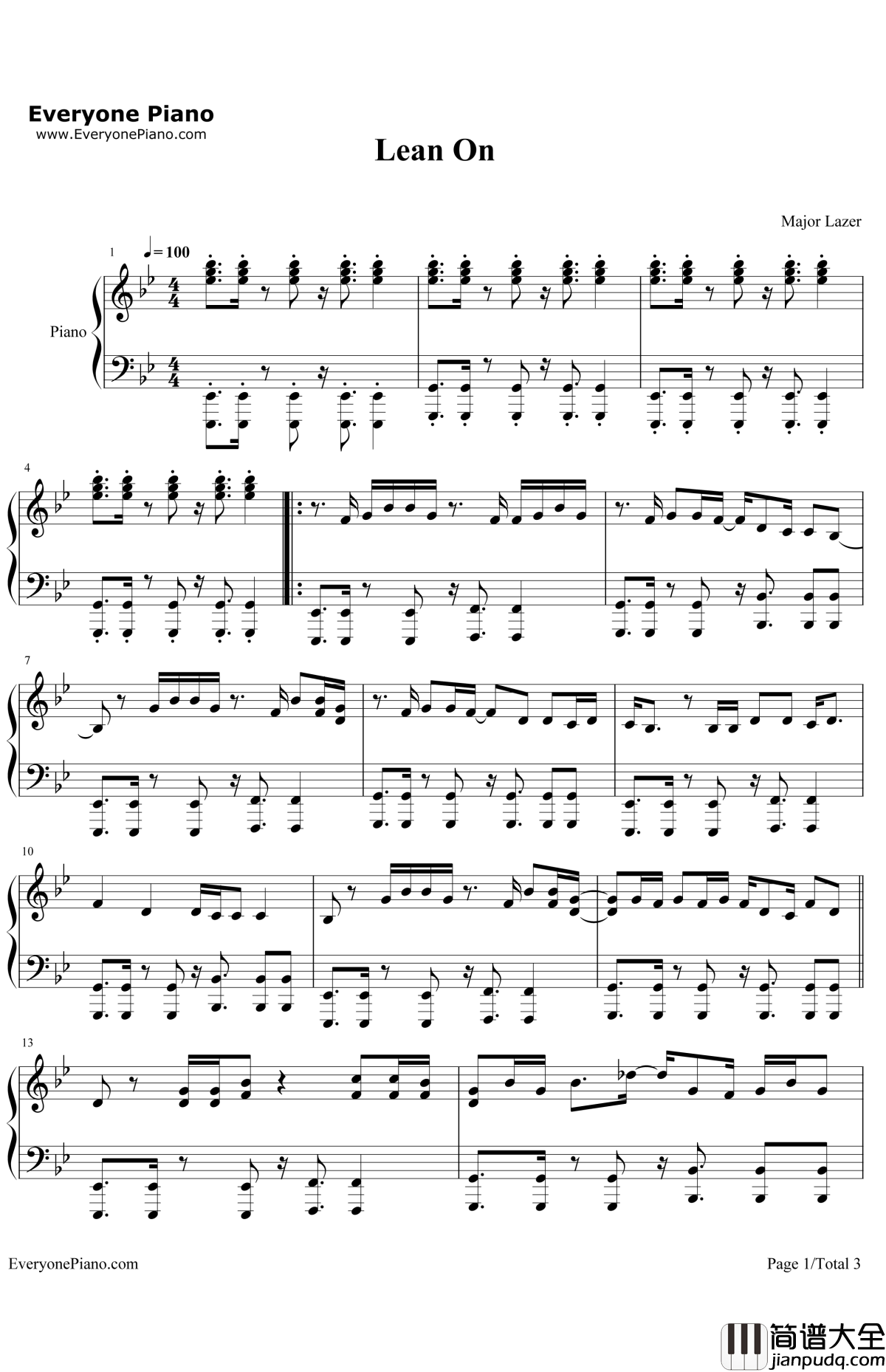 LeanOn钢琴谱_MajorLazer