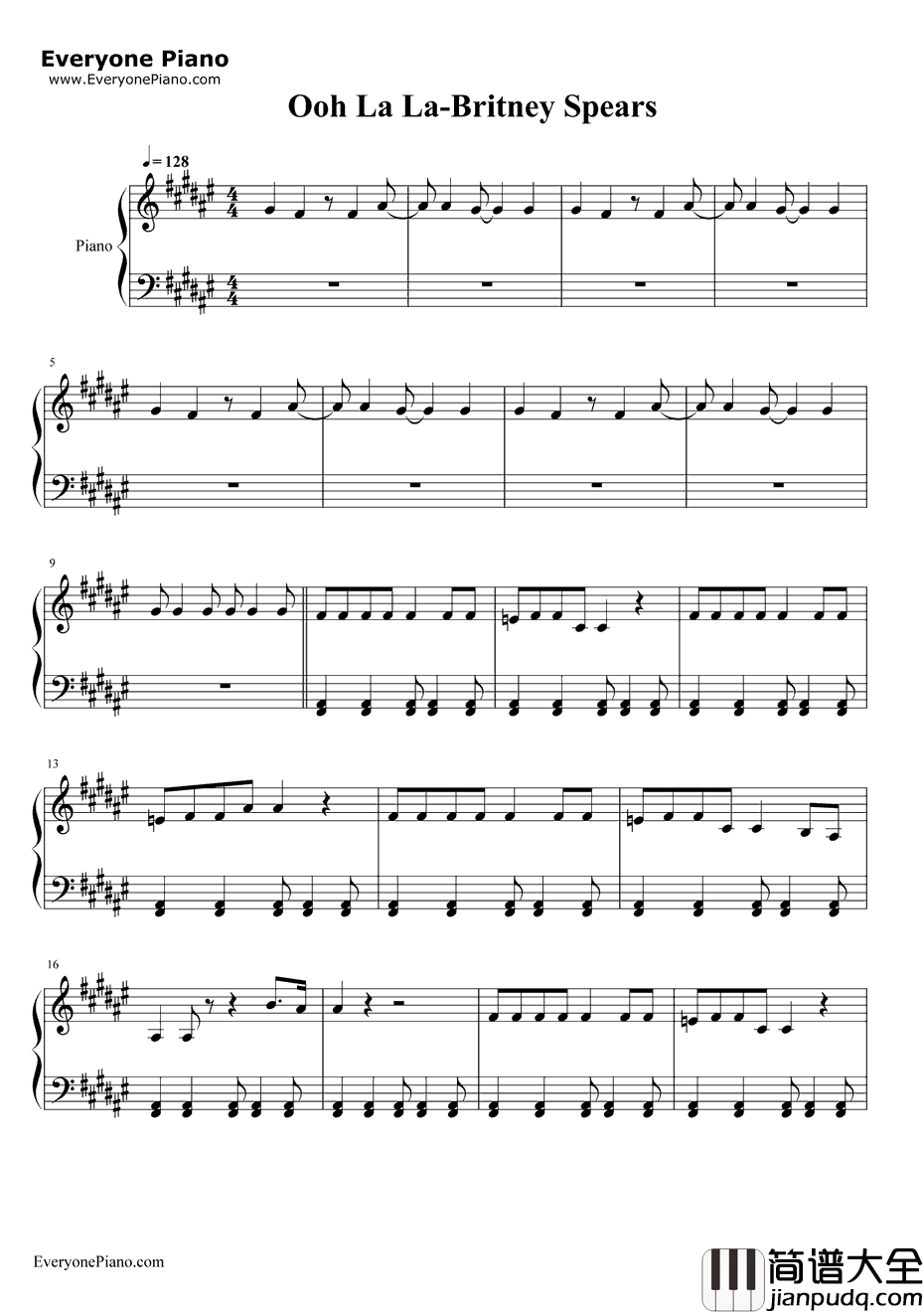 OohLaLa钢琴谱_BritneySpears_蓝精灵2主题曲