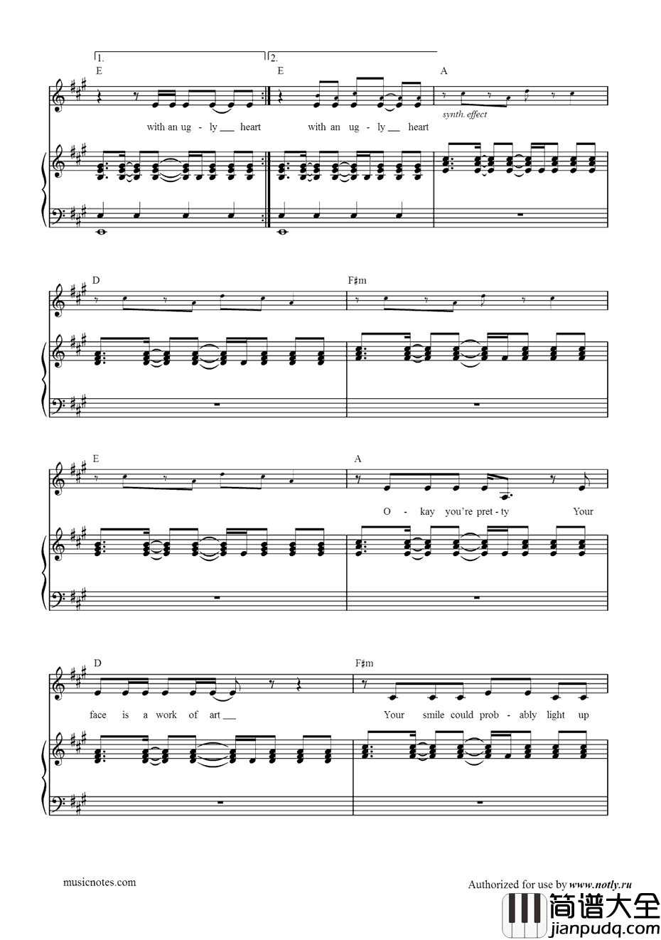 UglyHeart钢琴谱_G.R.L