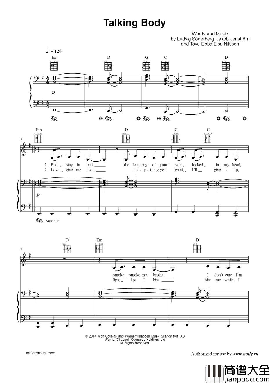 TalkingBody钢琴谱_ToveLo