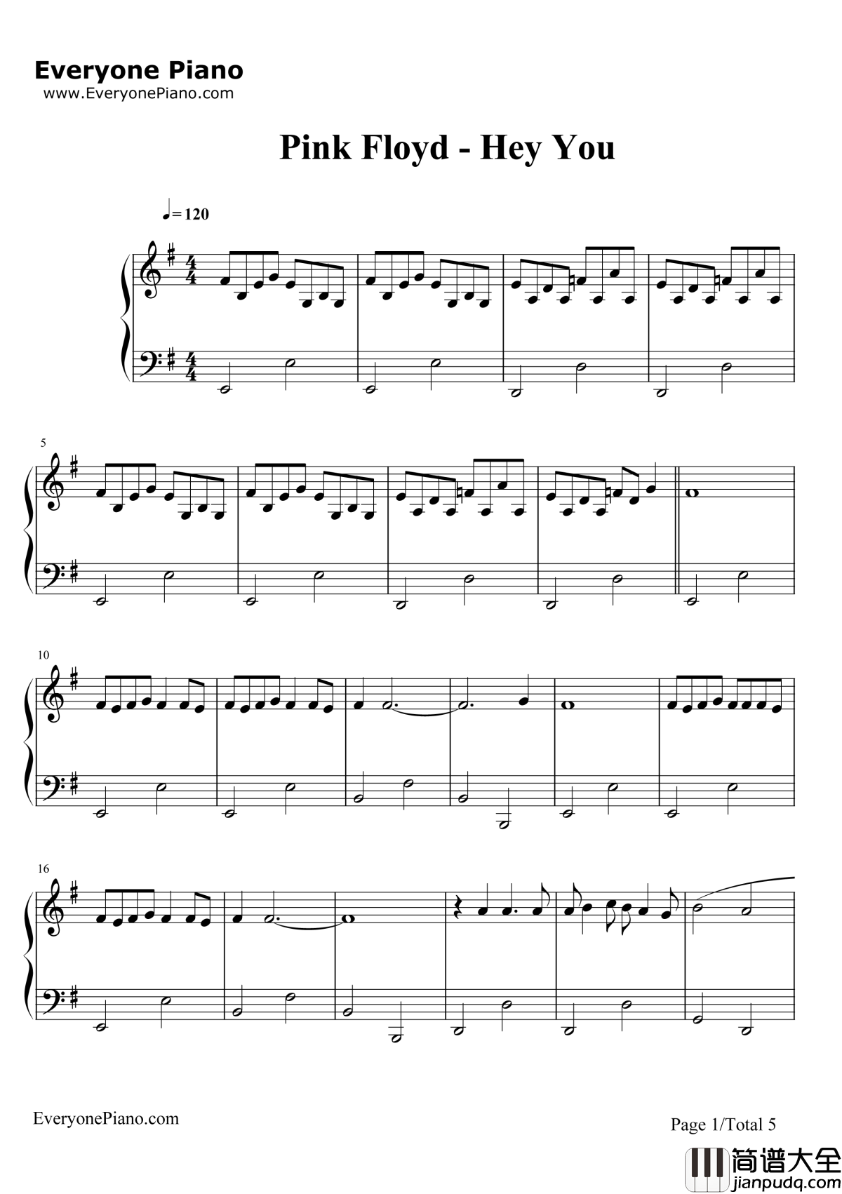 HeyYou钢琴谱_PinkFloyd