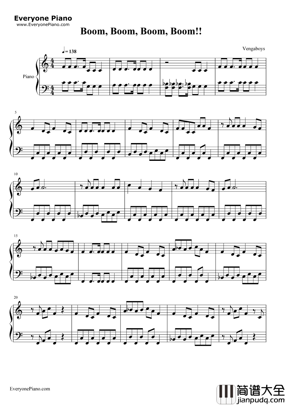BoomBoomBoomBoom钢琴谱_Vengaboys
