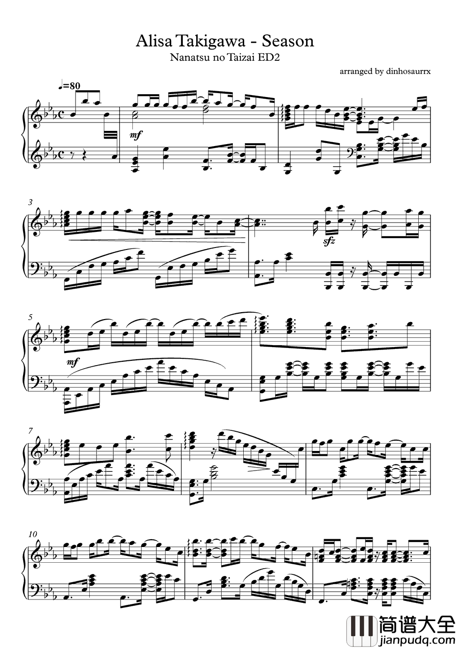 Season钢琴谱_泷川ありさ_七大罪ED2
