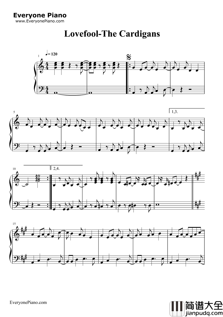 Lovefool钢琴谱_TheCardigans