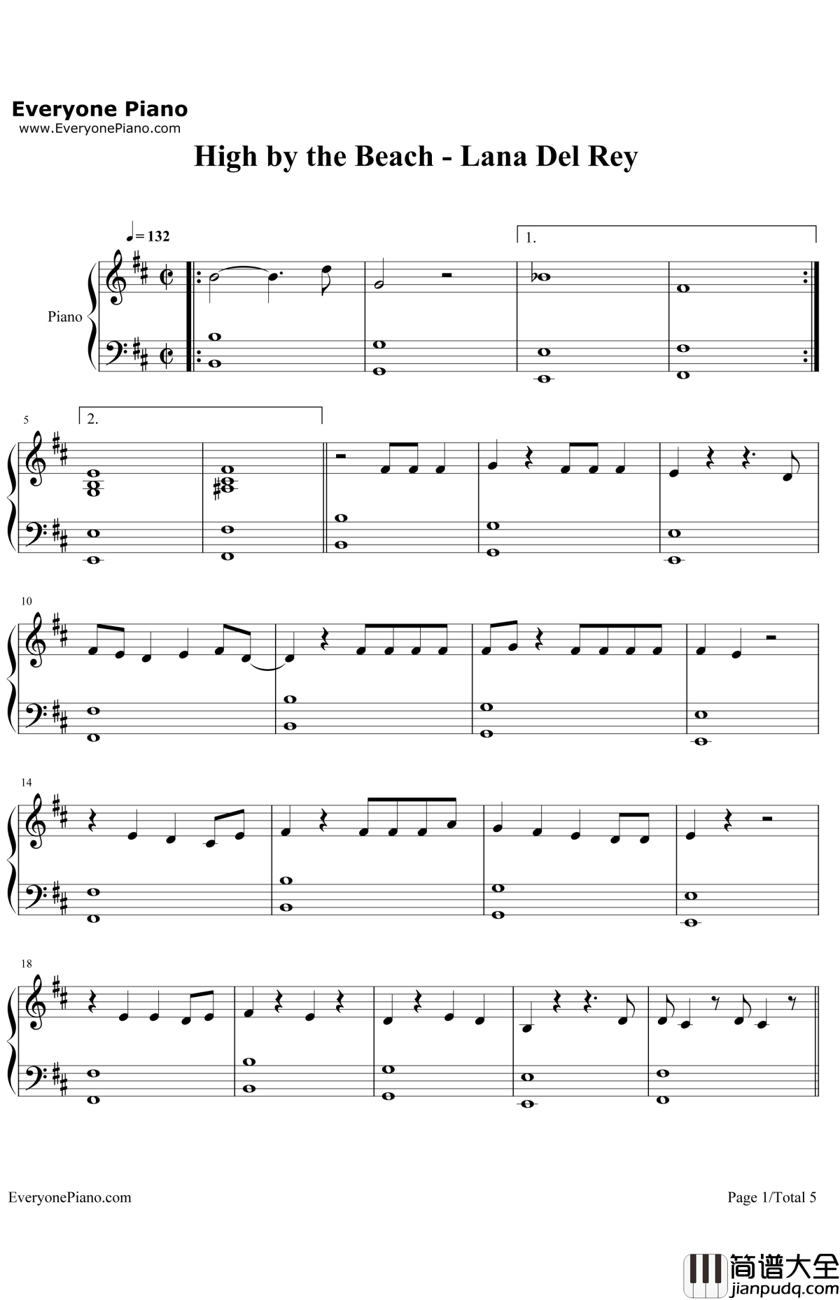 HighbytheBeach钢琴谱_LanaDelRey