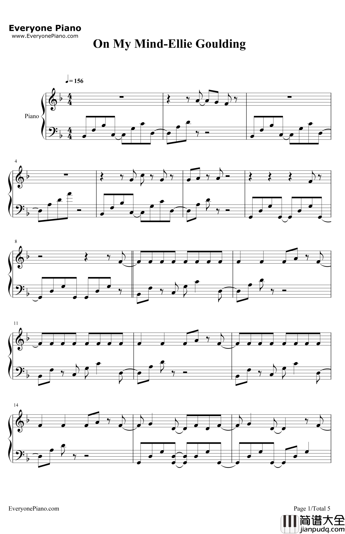 OnMyMind钢琴谱_EllieGoulding