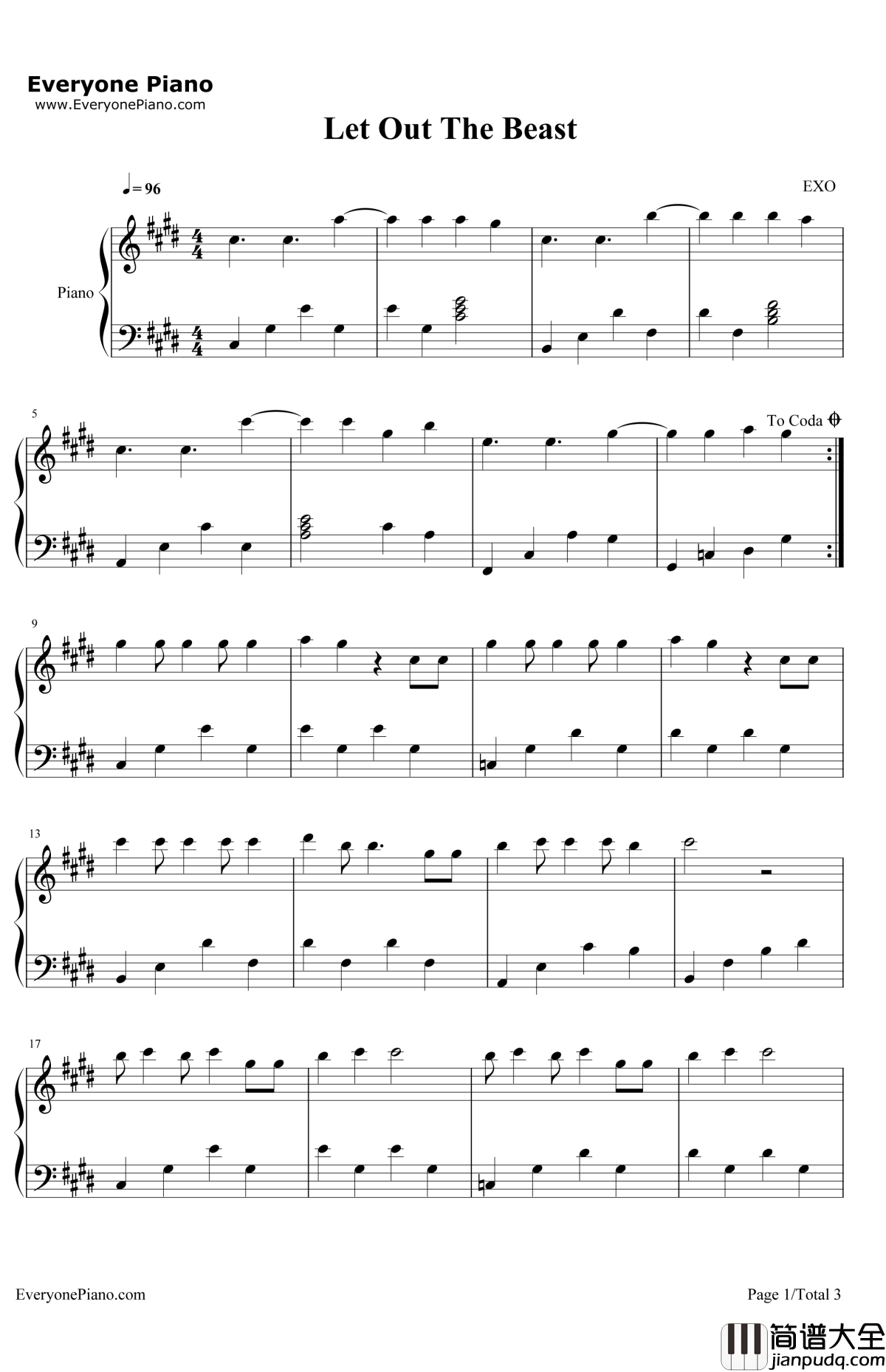 LetOuttheBeast钢琴谱_EXO