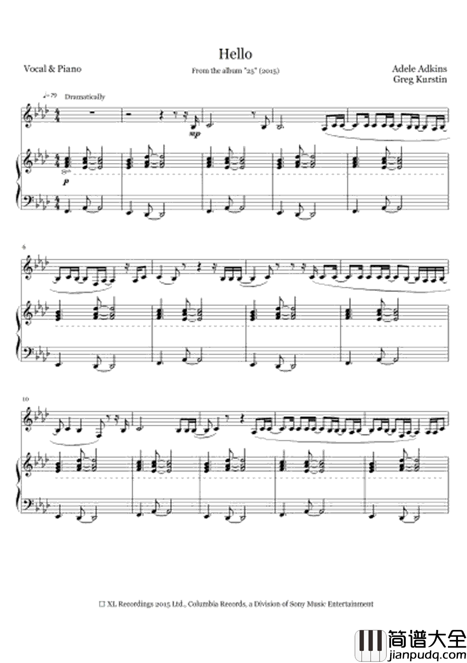 Hello钢琴谱_Adele_三声部_Adele