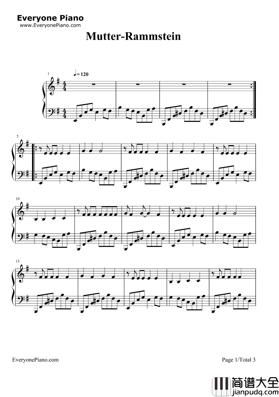 Mutter钢琴谱_Rammstein