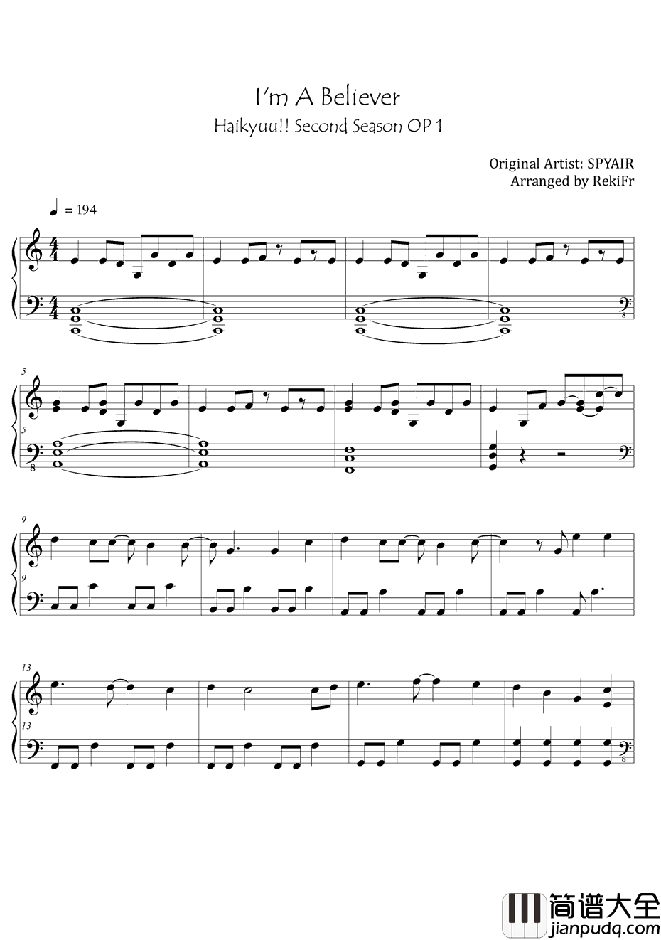 I'mABeliever钢琴谱_SPYAIR_アイム•ア•ビリーバー_排球少年OP