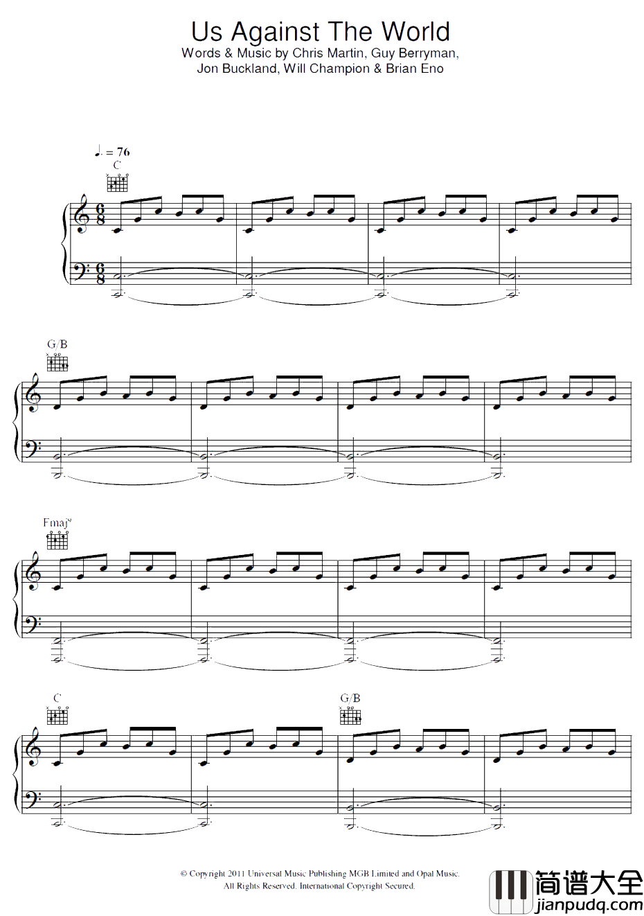 UsAgainsttheWorld钢琴谱_Coldplay