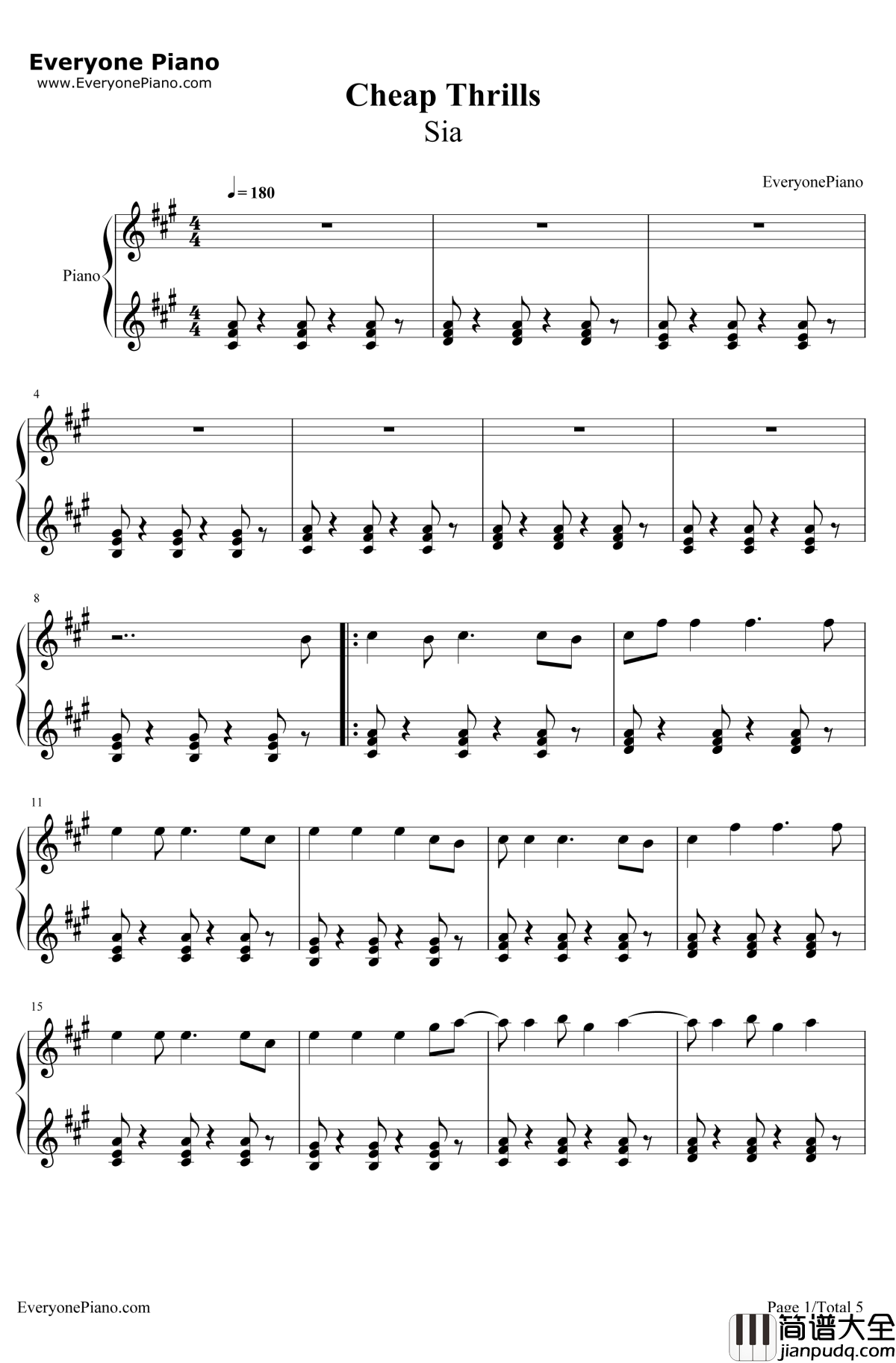 CheapThrills钢琴谱_Sia