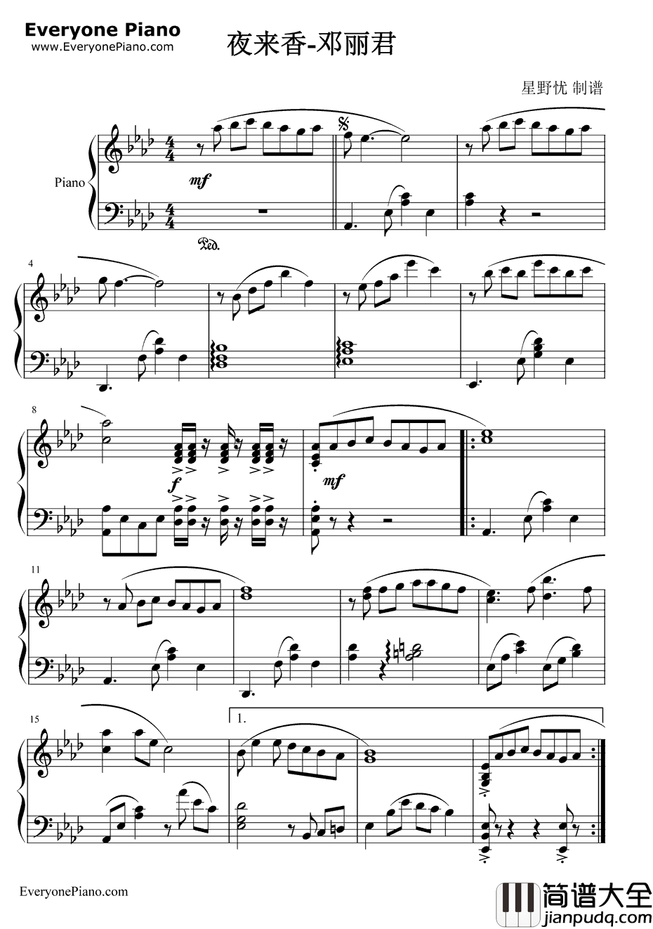 夜来香钢琴谱_李香兰