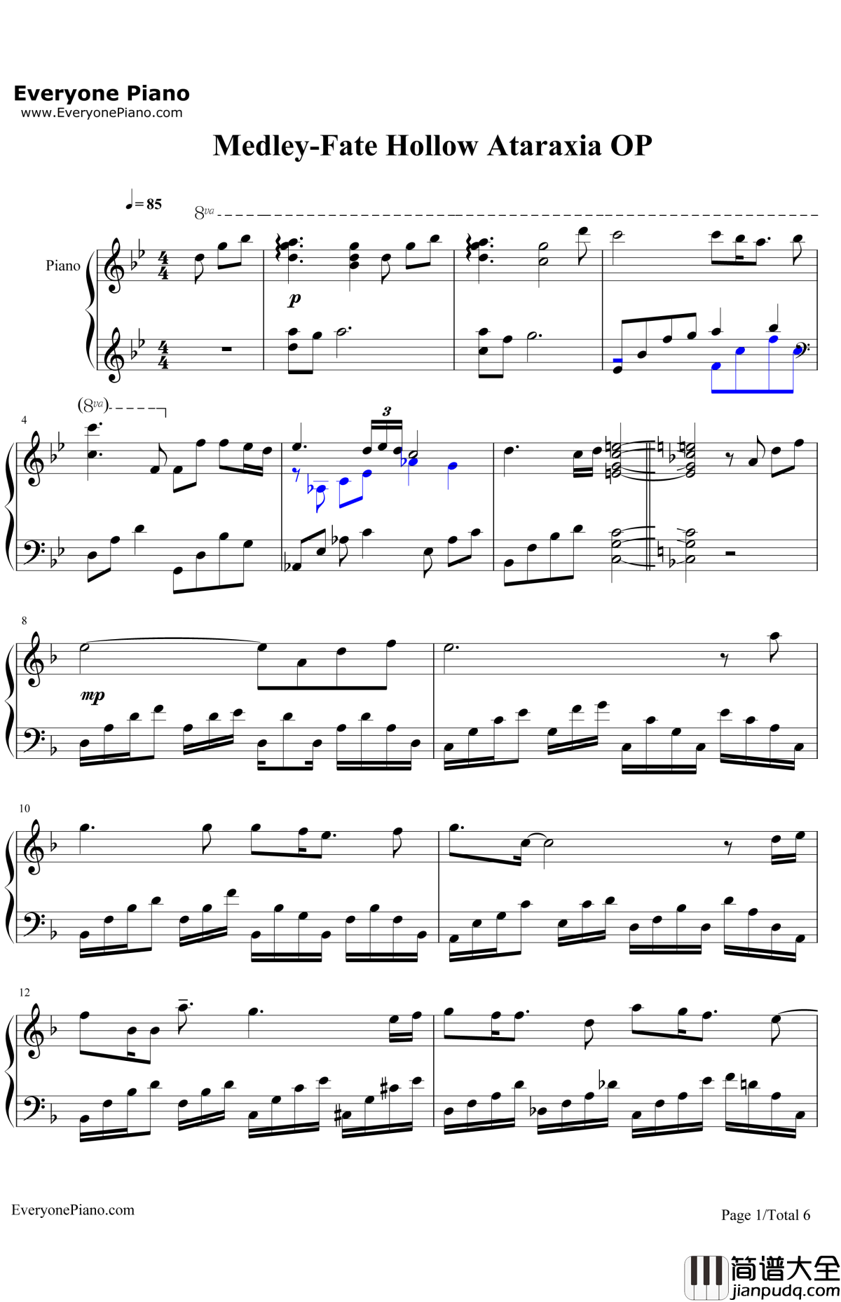 Medley钢琴谱_Aimer_FateHollowAtaraxiaOP