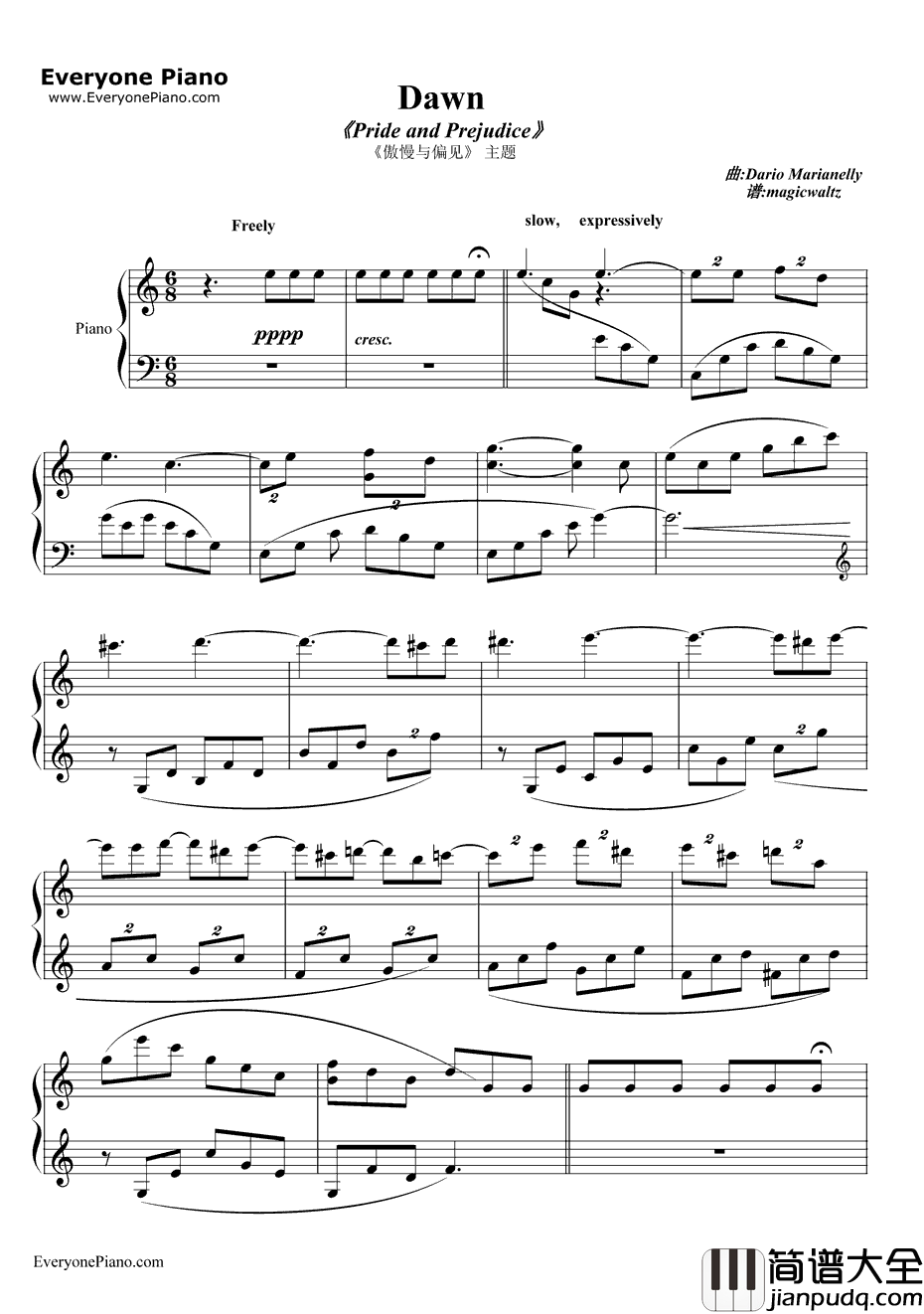 Dawn钢琴谱_DarioMarianelli_傲慢与偏见配乐