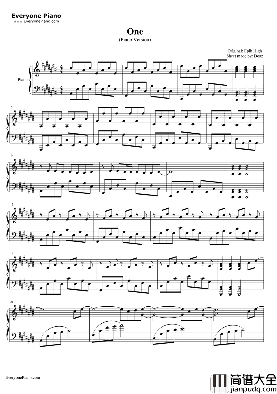 One钢琴谱_EpikHigh