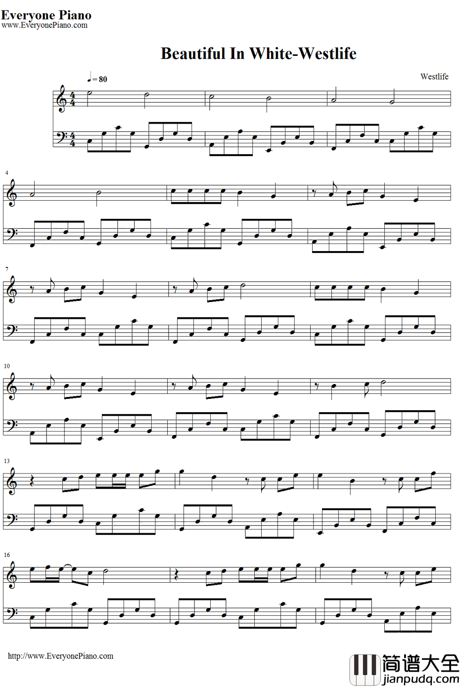 BeautifulinWhite钢琴谱_Westlife