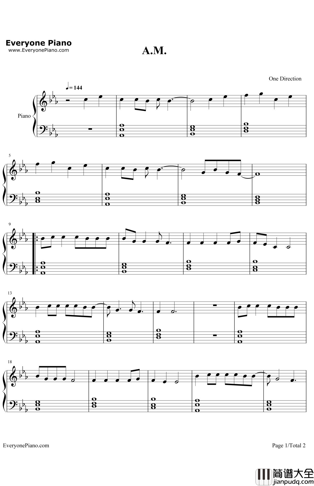 A.M.钢琴谱_OneDirection