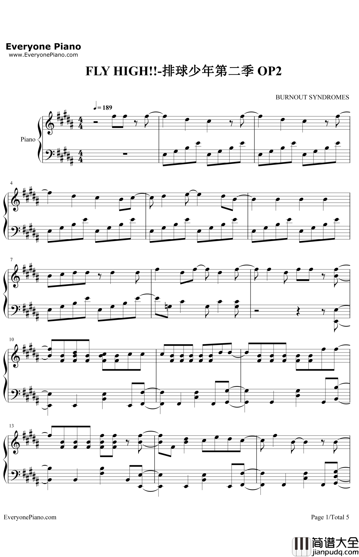 FLYHIGH钢琴谱_BURNOUTSYNDROMES_排球少年第二季OP2