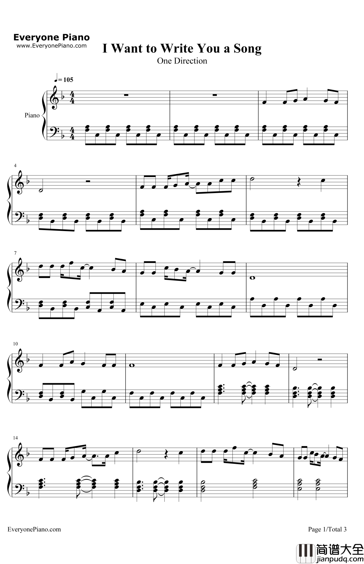 IWanttoWriteYouaSong钢琴谱_OneDirection