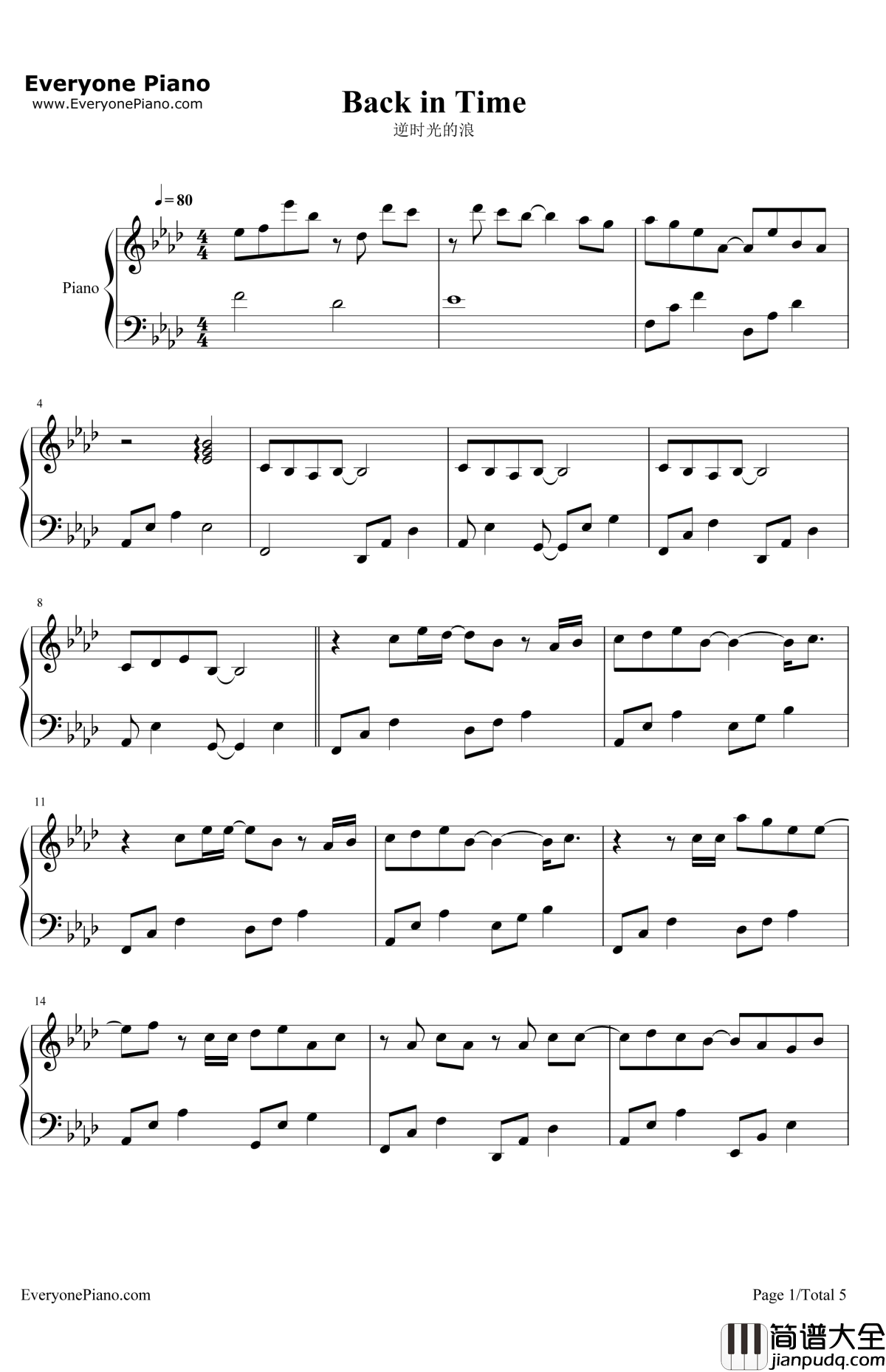 逆时光的浪钢琴谱_Bii毕书尽_爱上哥们插曲