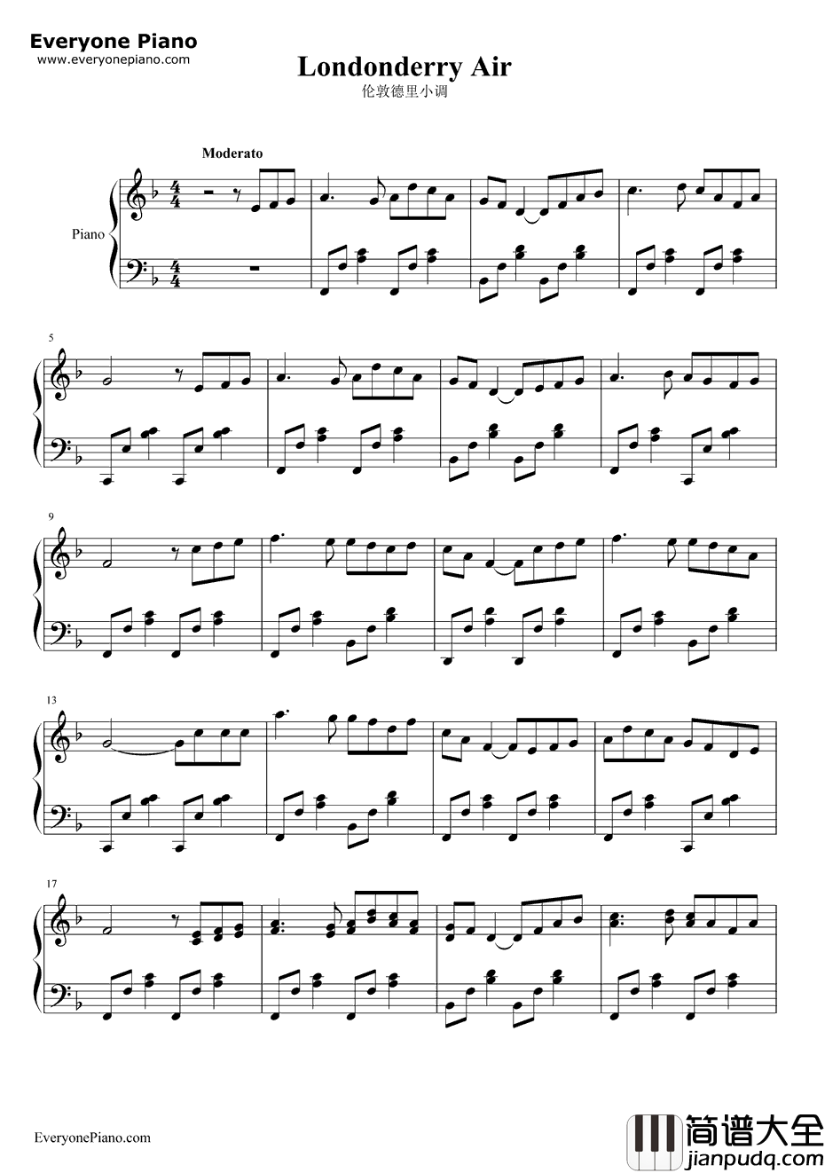 伦敦德里小调钢琴谱_爱尔兰_爱尔兰民歌