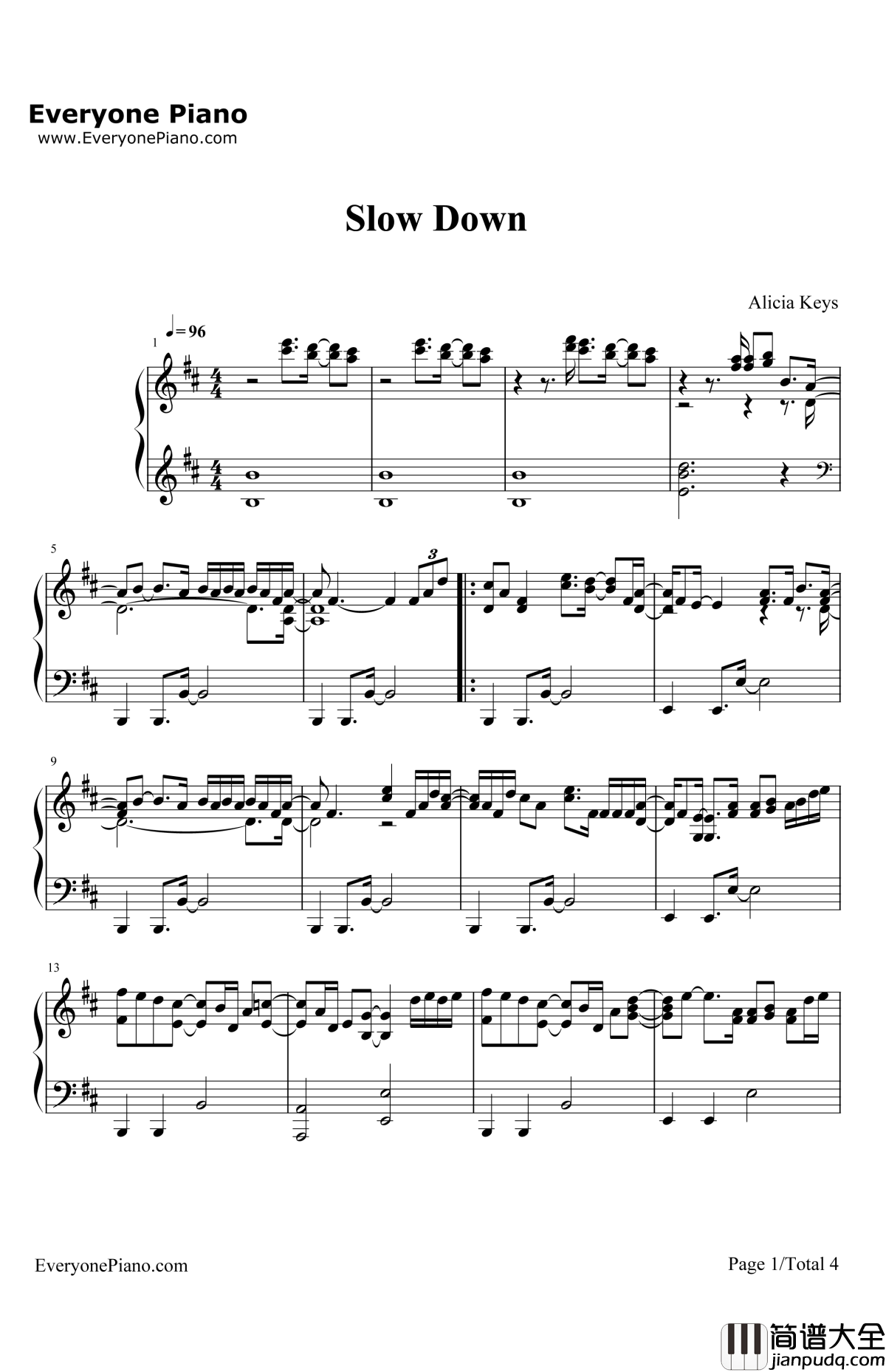 SlowDown钢琴谱_AliciaKeys