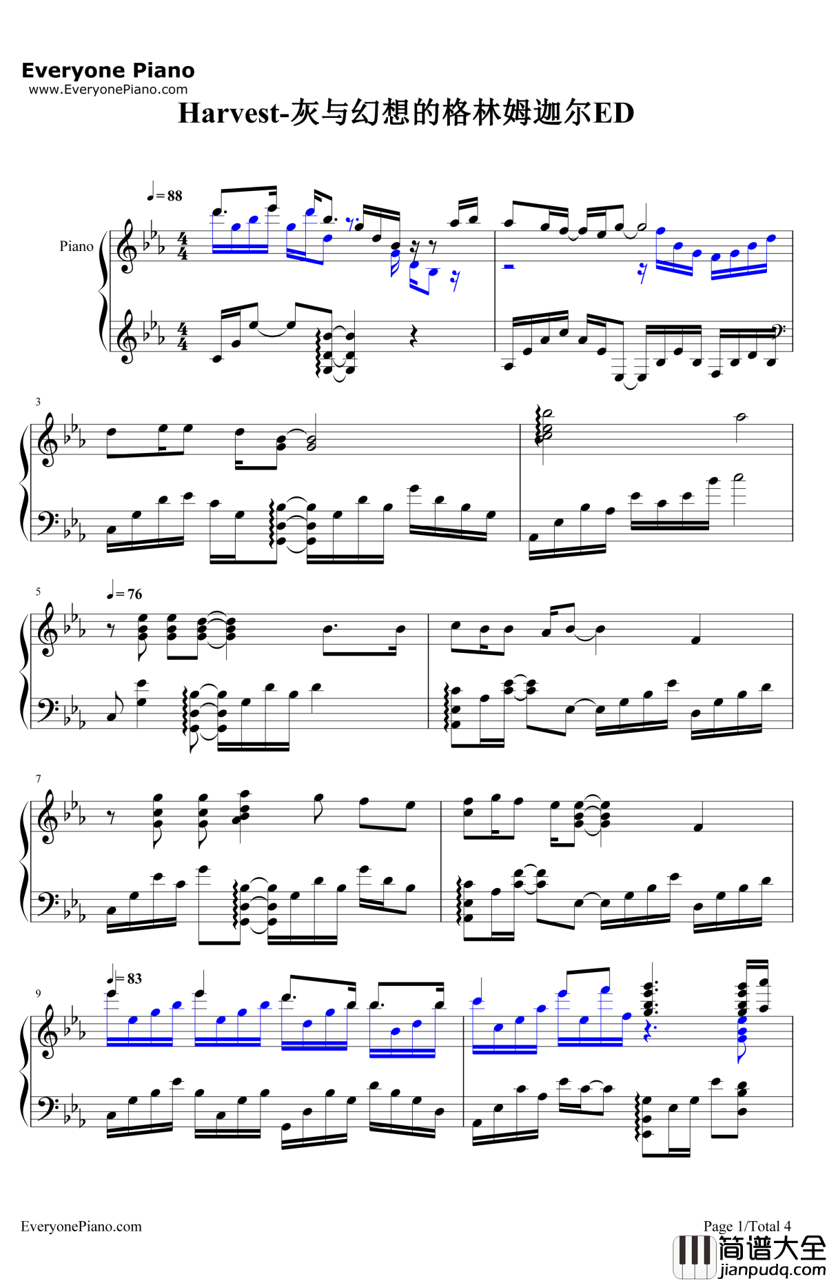 Harvest钢琴谱_(K)NoW_NAME_灰与幻想的格林姆迦尔ED