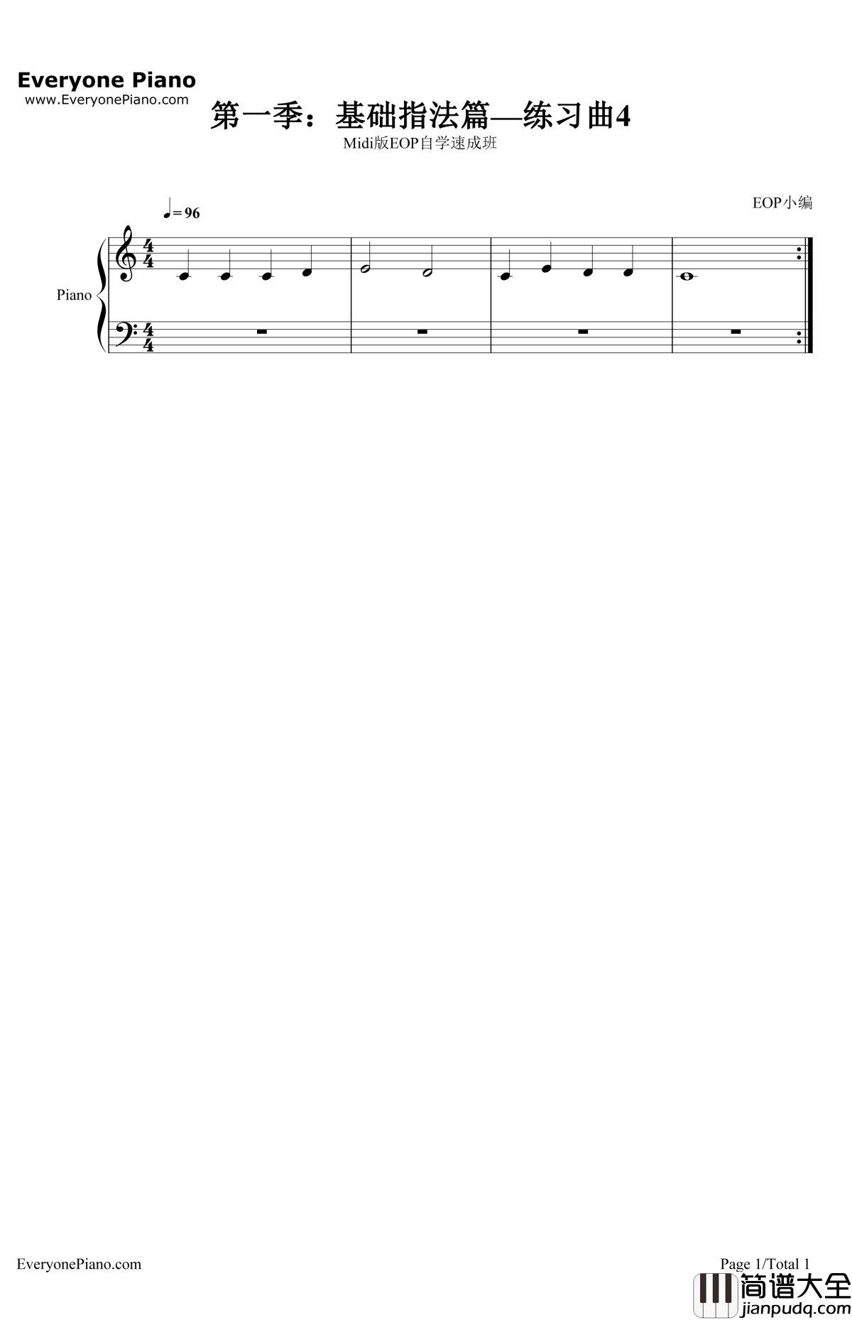练习曲4钢琴谱_EOP团队_Midi版EOP自学速成班第一季：基础指法篇