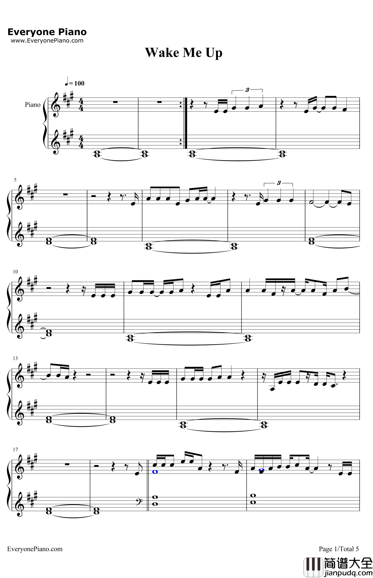 WakeMeUp钢琴谱_EdSheeran