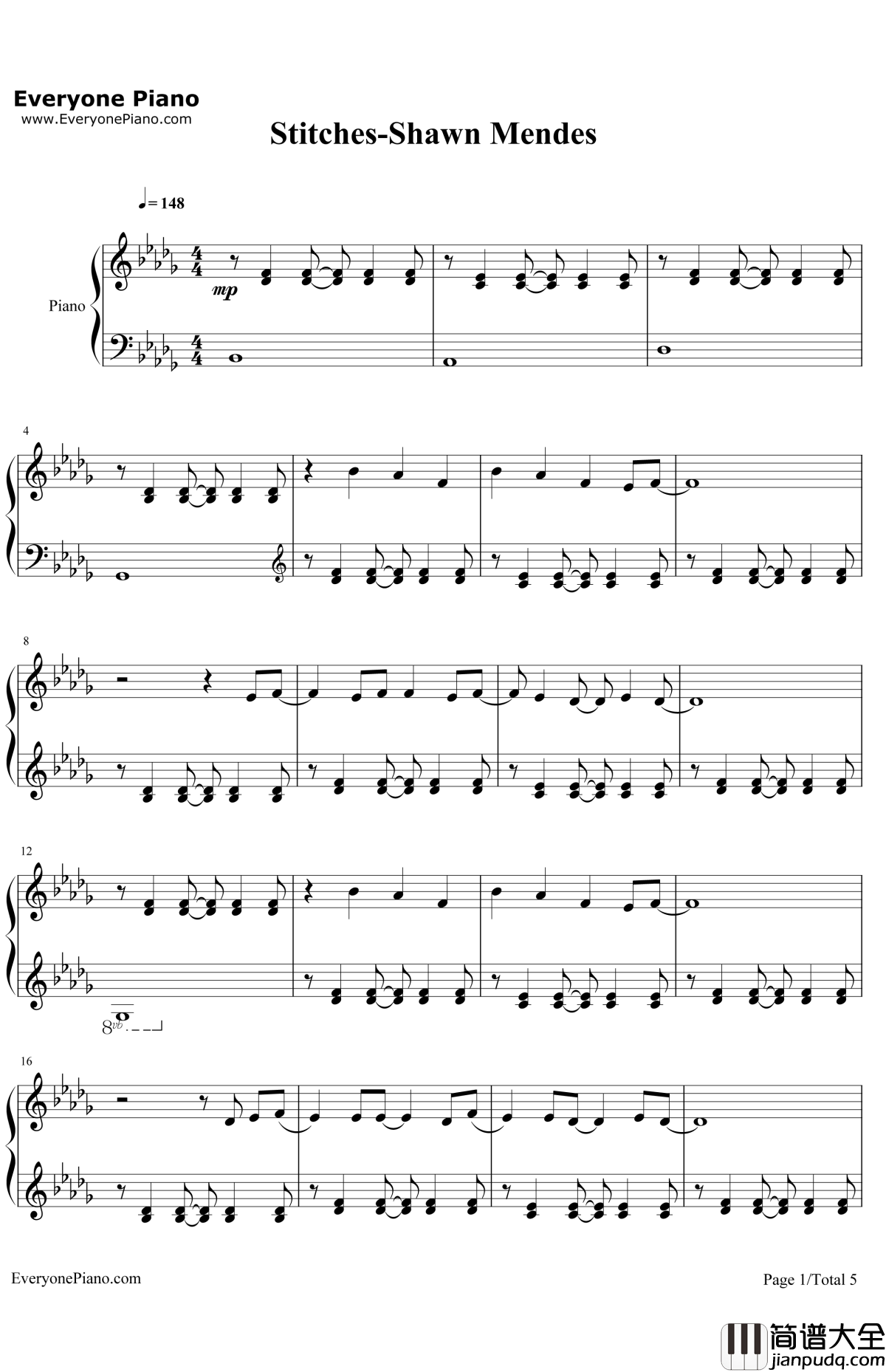 Stitches钢琴谱_ShawnMendes