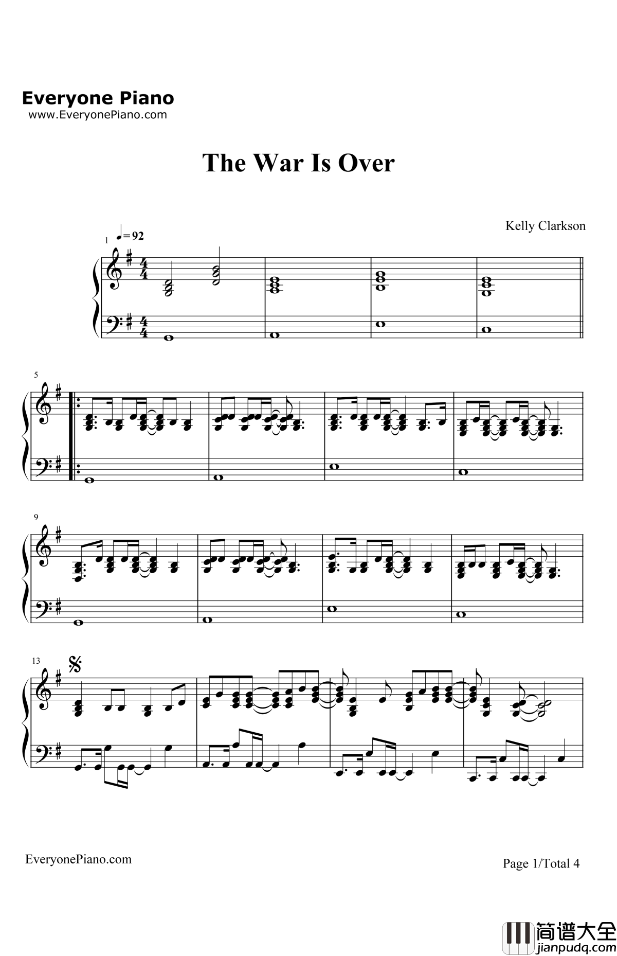 TheWarIsOver钢琴谱_KellyClarkson