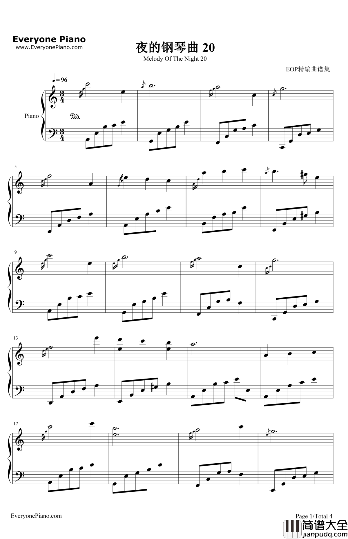 夜的钢琴曲20钢琴谱_石进