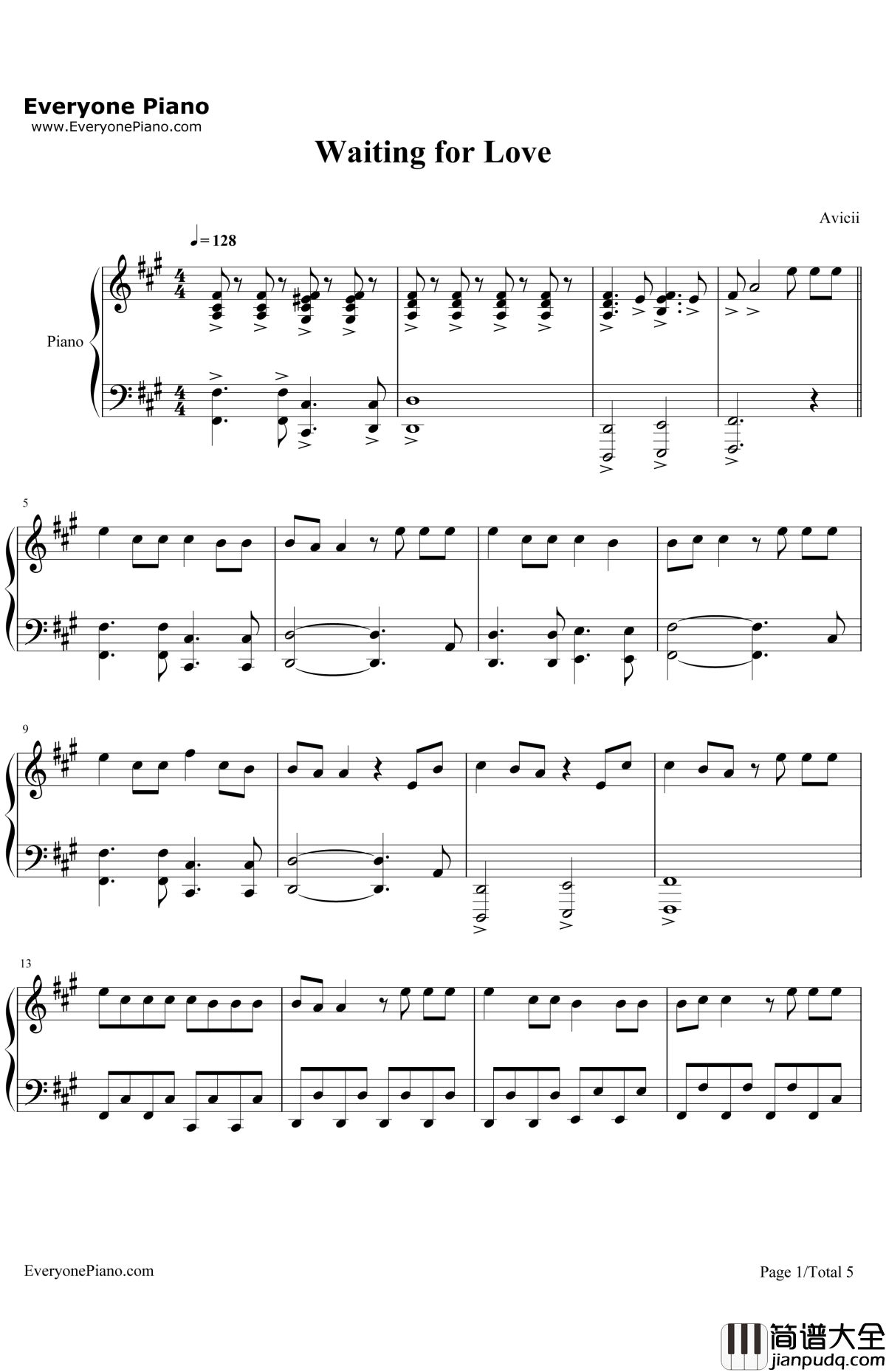 WaitingforLove钢琴谱_Avicii