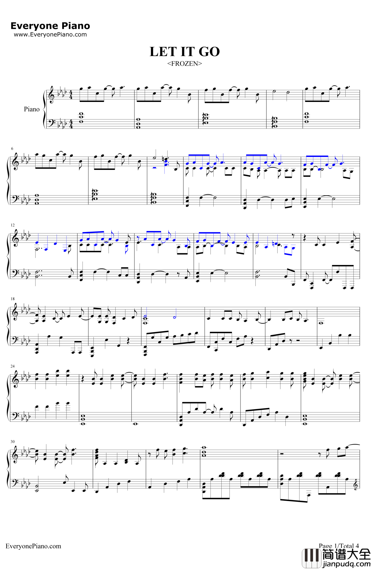 LetItGo完整版钢琴谱_DemiLovato_动画冰雪奇缘主题曲