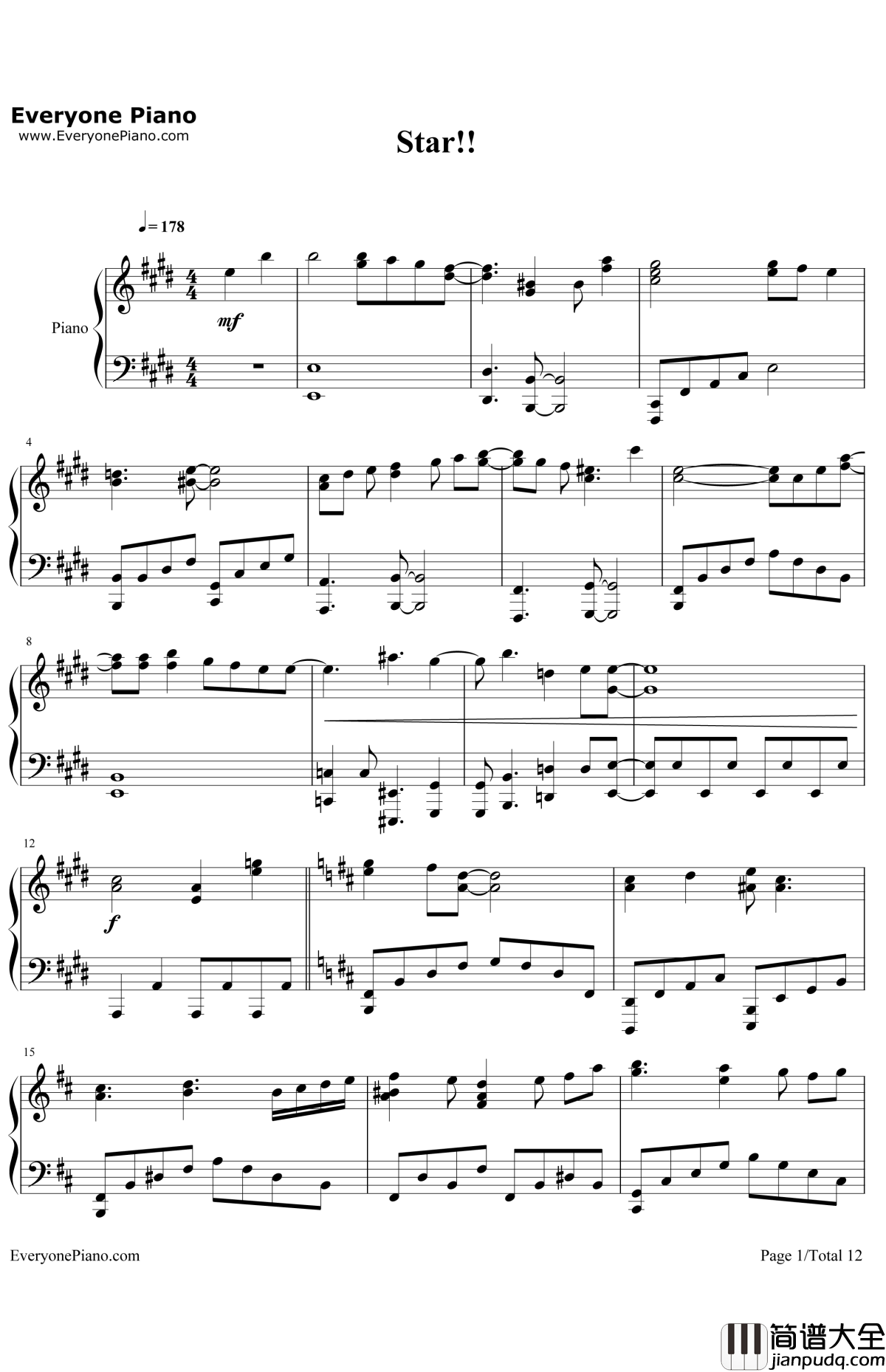 Star!!钢琴谱_田中秀和_偶像大师灰姑娘女孩OP