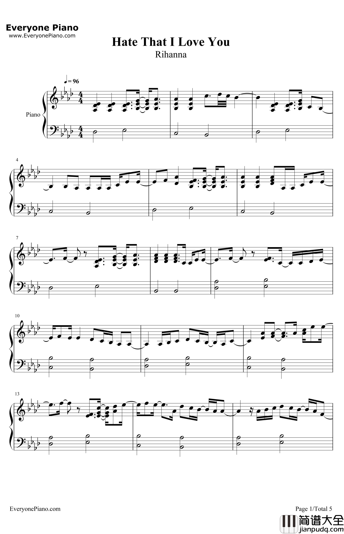 HateThatILoveYou钢琴谱_Rihanna