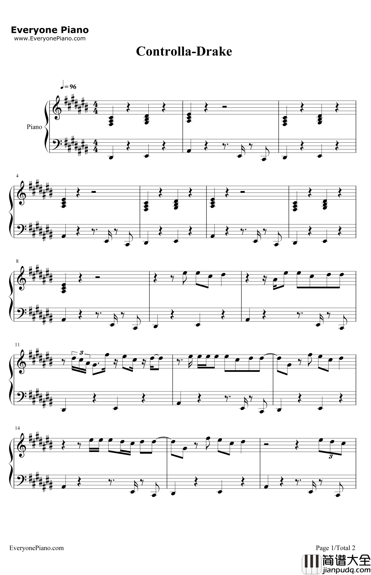 Controlla钢琴谱_Drake