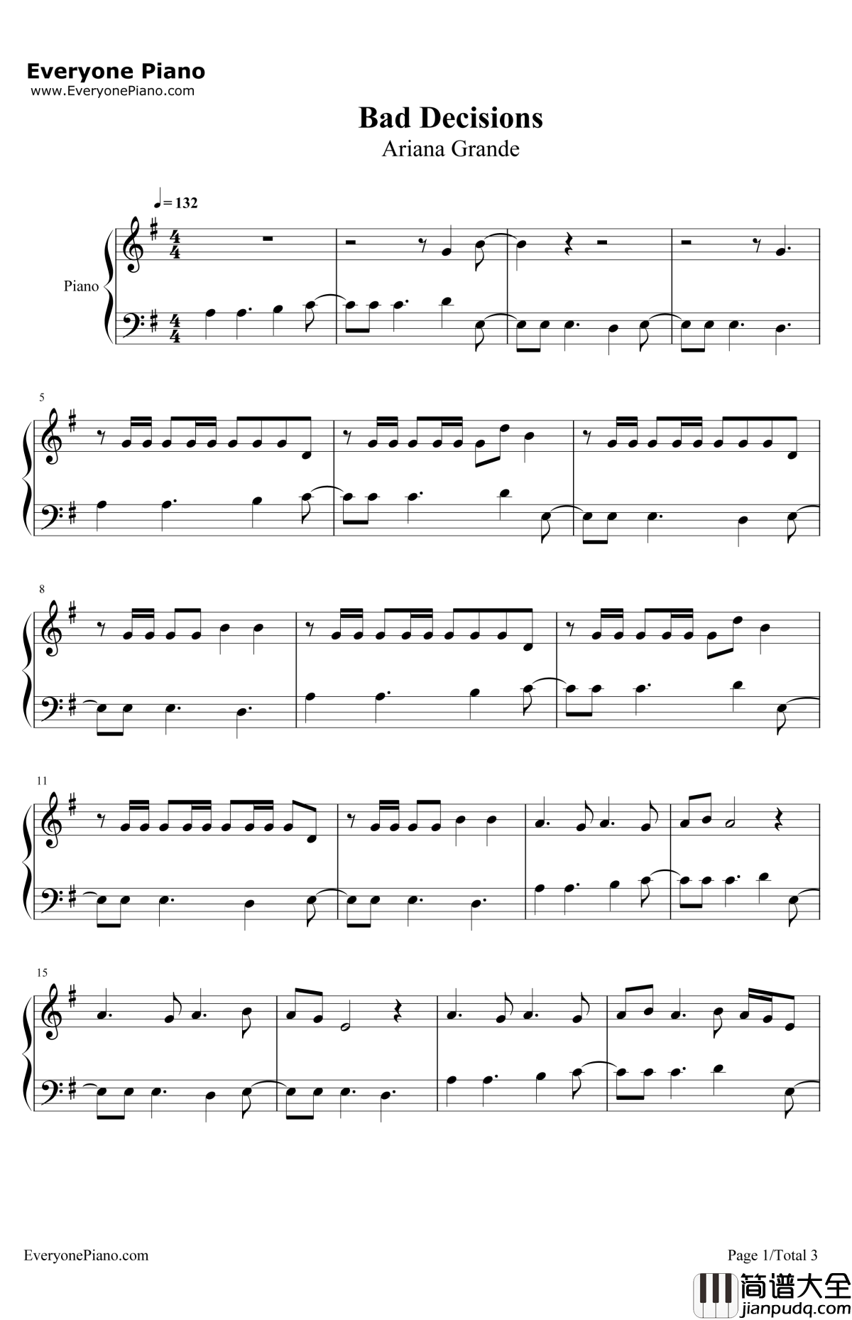 BadDecisions钢琴谱_ArianaGrande